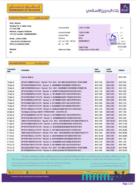 Szablon wyciągu bankowego Bahrain Al Salam w programie Word i PDF